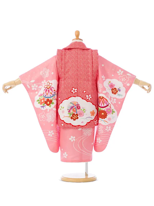 七五三(3歳女被布)HAPH841 赤疋田|ﾋﾟﾝｸ 雲取りに花車