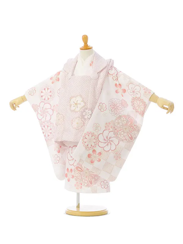 七五三(3歳女被布)HAPH843 くすみﾋﾟﾝｸ|白疋田市松 梅桜菊