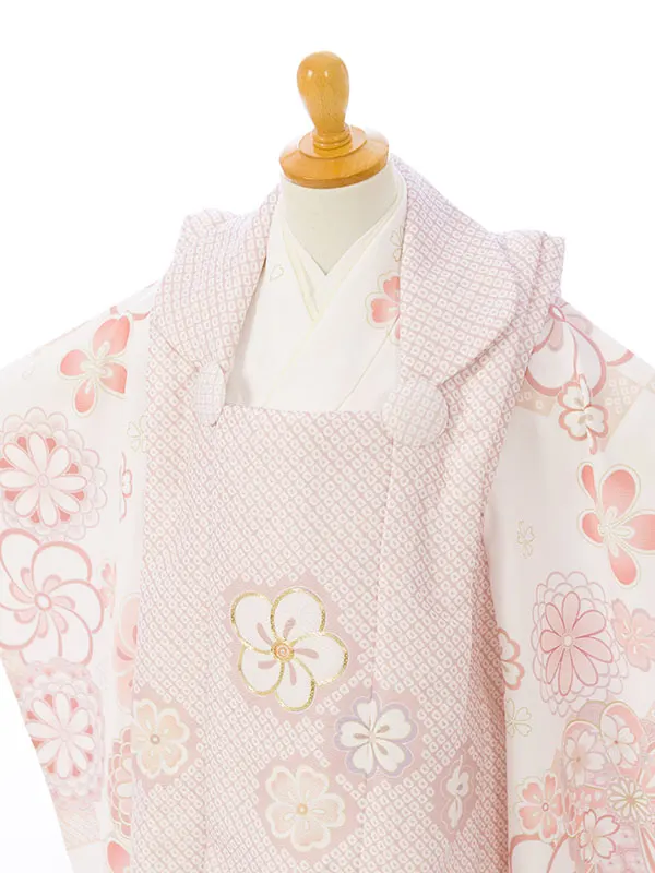七五三(3歳女被布)HAPH843 くすみﾋﾟﾝｸ|白疋田市松 梅桜菊