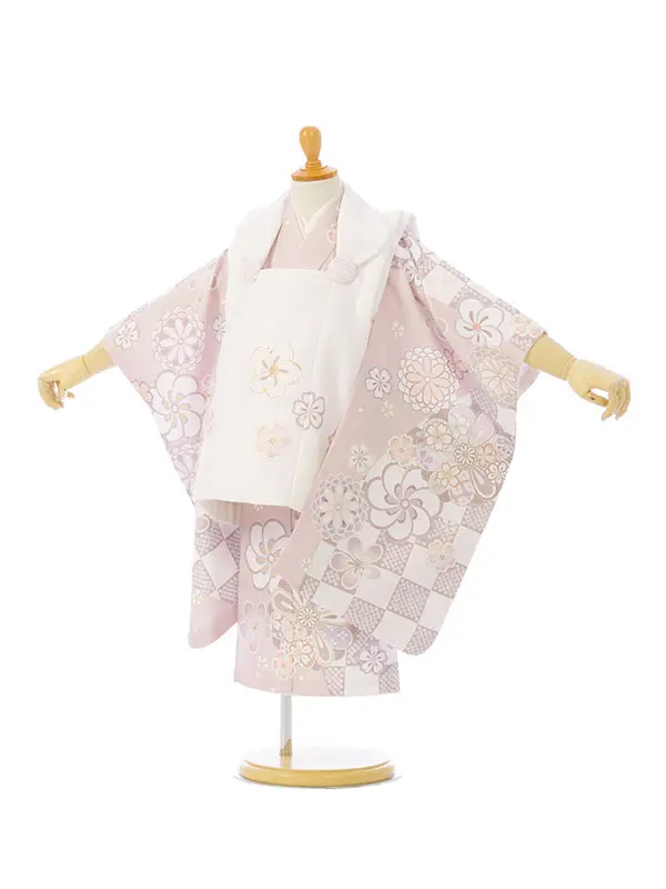 七五三(3歳女被布)HAPH844 白|くすみﾋﾟﾝｸ疋田市松 梅桜菊