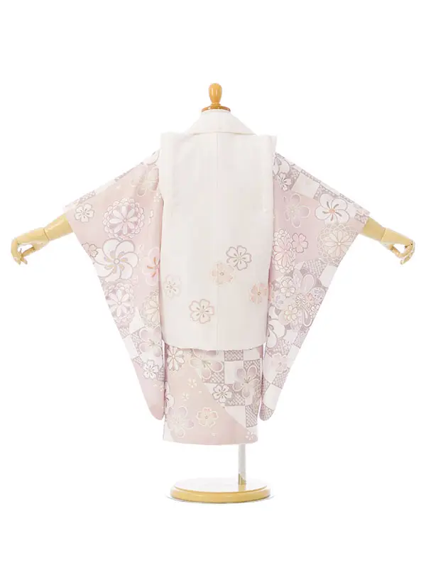 七五三(3歳女被布)HAPH844 白|くすみﾋﾟﾝｸ疋田市松 梅桜菊
