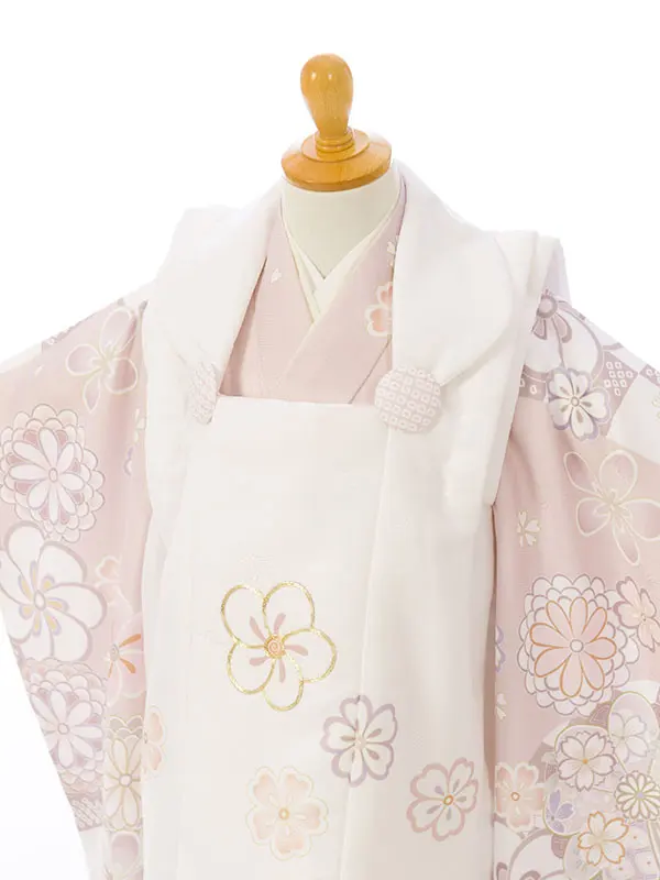 七五三(3歳女被布)HAPH844 白|くすみﾋﾟﾝｸ疋田市松 梅桜菊