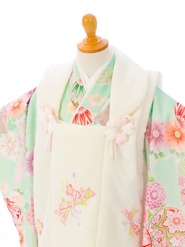 七五三(3歳女被布)HAPH849 白 花刺繍|鶸ﾌﾞﾙｰ 鞠