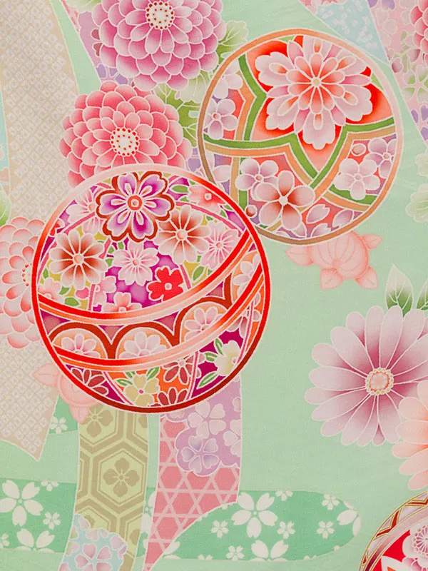 七五三(3歳女被布)HAPH849 白 花刺繍|鶸ﾌﾞﾙｰ 鞠