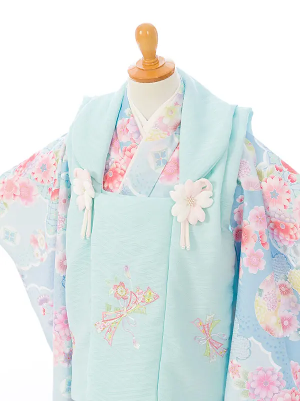 七五三(3歳女被布)HAPH855 水色 花刺繍|水色花丸