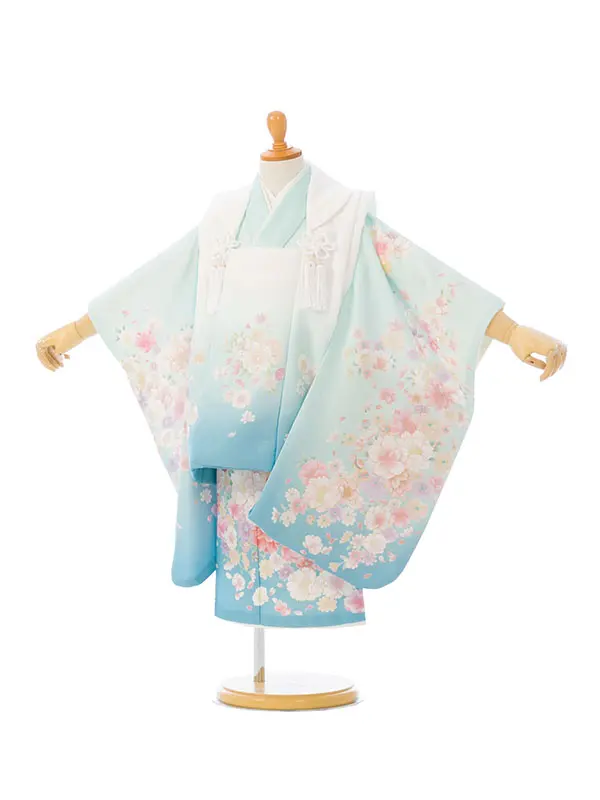 七五三(3歳女被布)HAPH862 白/水色 桜|ﾐﾝﾄ/水色桜