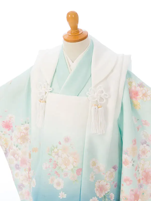 七五三(3歳女被布)HAPH862 白/水色 桜|ﾐﾝﾄ/水色桜