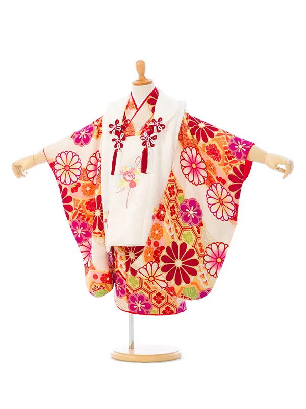 七五三(3歳女被布)SH-001 正絹 式部浪漫 白 花薬玉|ｸﾘｰﾑ