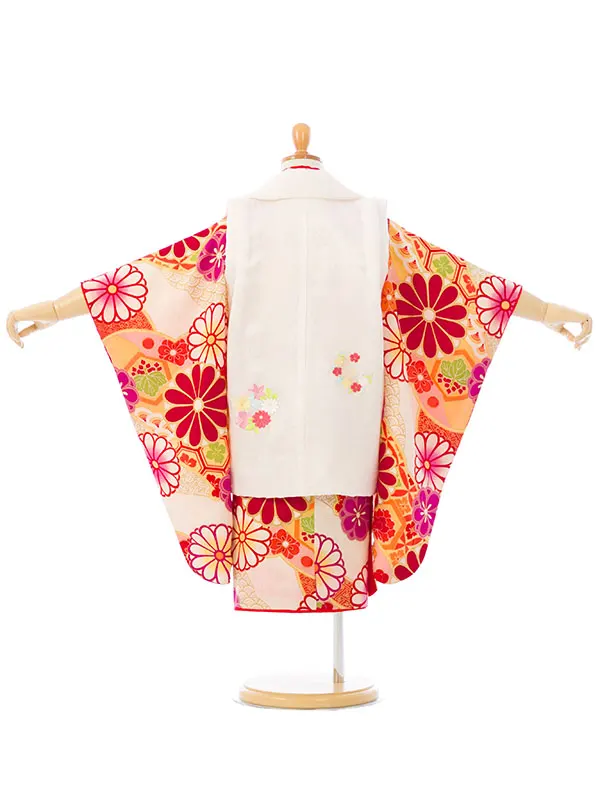 七五三(3歳女被布)SH-001 正絹 式部浪漫 白 花薬玉|ｸﾘｰﾑ