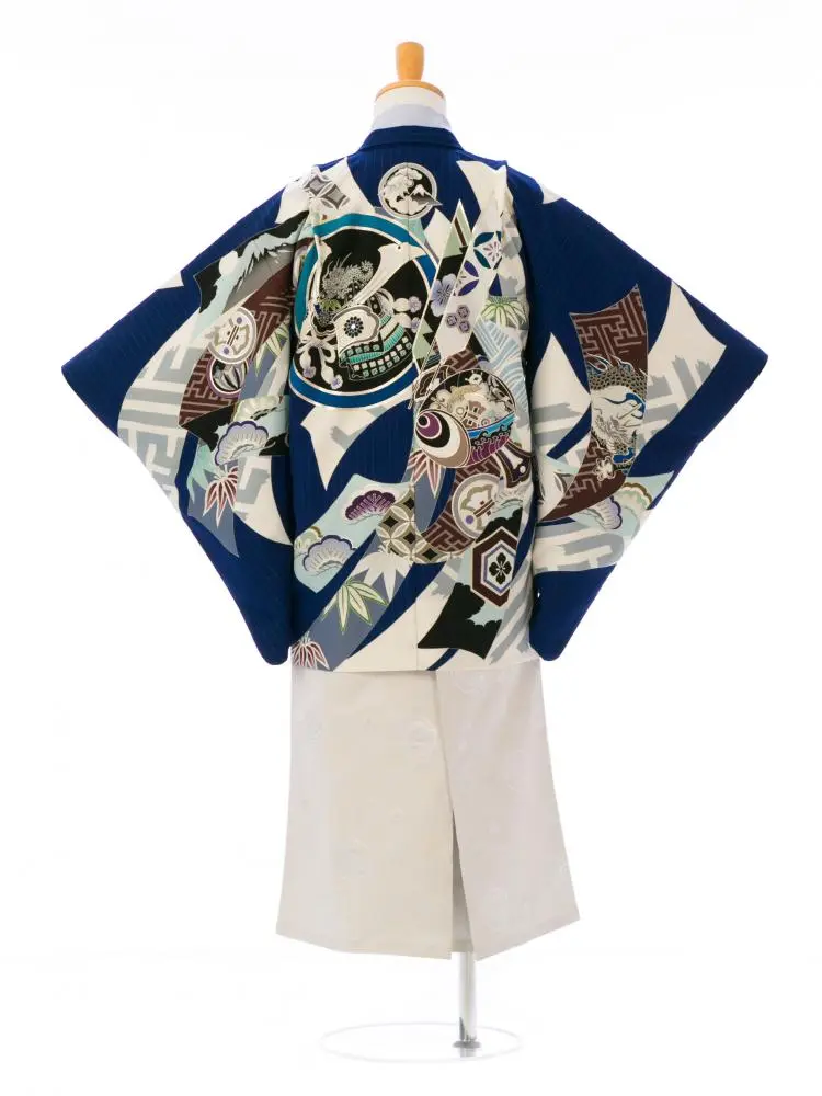 男児ｼﾞｭﾆｱ着物 BV-087  紺白|白 銀 市松に四君子袴