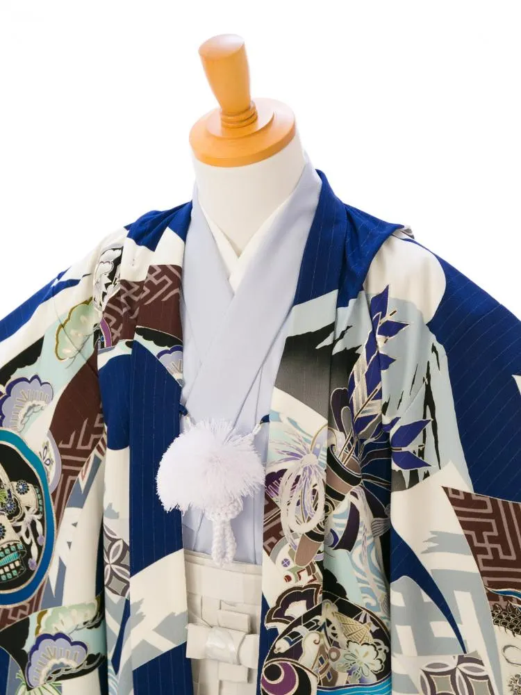 男児ｼﾞｭﾆｱ着物 BV-087  紺白|白 銀 市松に四君子袴