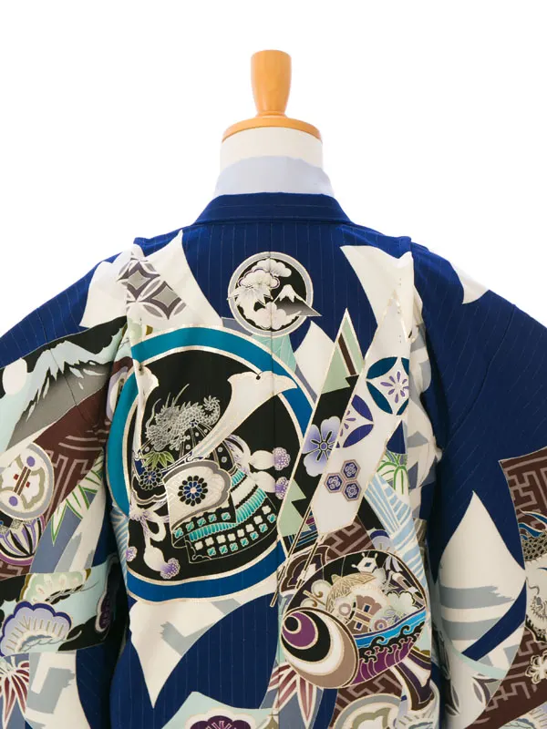 男児ｼﾞｭﾆｱ着物 BV-087  紺白|白 銀 市松に四君子袴