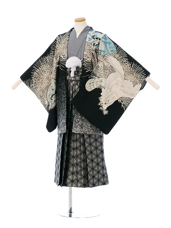 男児ｼﾞｭﾆｱ着物 HAQC080 JS 黒 針松に鷹|ｸﾞﾚｰ|銀袴