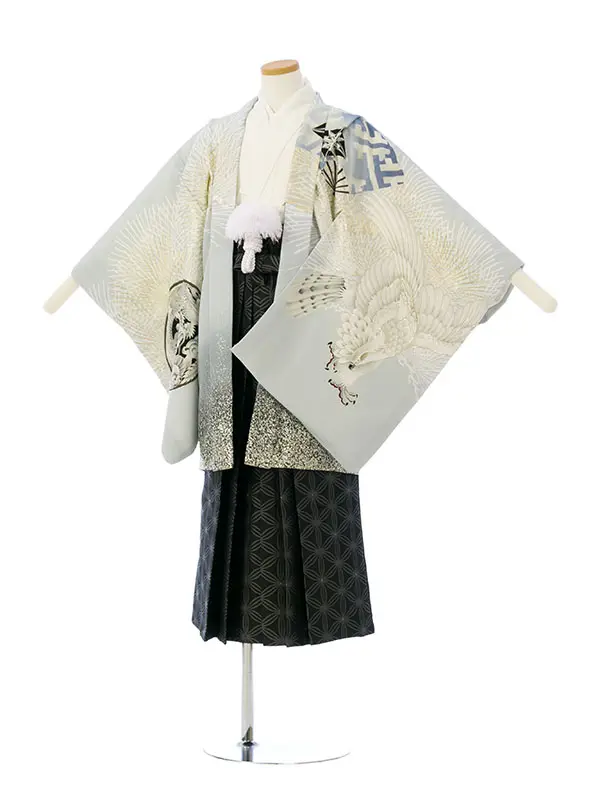 男児ｼﾞｭﾆｱ着物 HAQC090 JS 薄ｸﾞﾚｰ 針松に鷹|白|黒袴