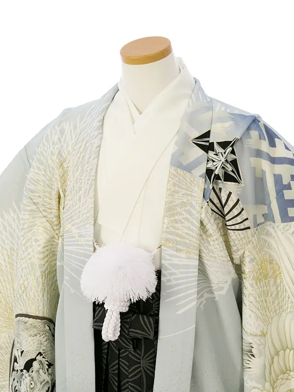 男児ｼﾞｭﾆｱ着物 HAQC090 JS 薄ｸﾞﾚｰ 針松に鷹|白|黒袴