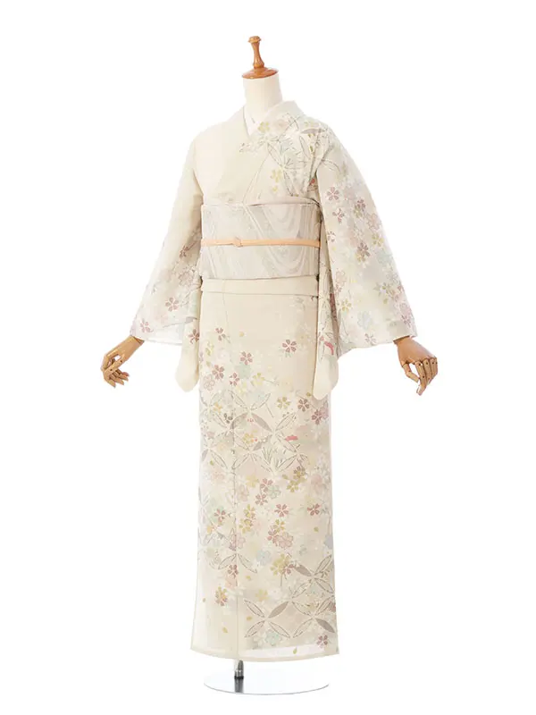 訪問着(夏) HDT5062 絽 ｸﾘｰﾑﾍﾞｰｼﾞｭ 四季草花 金彩