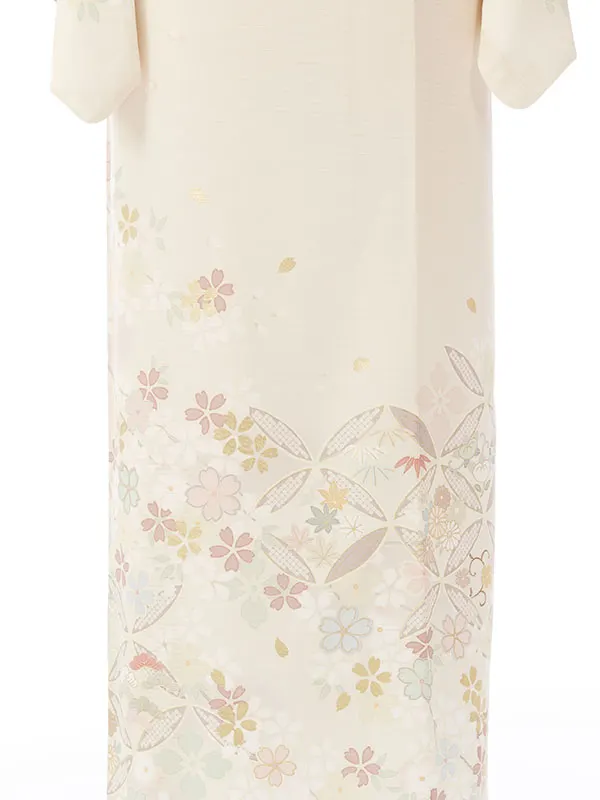 訪問着(夏) HDT5062 絽 ｸﾘｰﾑﾍﾞｰｼﾞｭ 四季草花 金彩