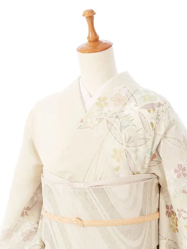 訪問着(夏) HDT5062 絽 ｸﾘｰﾑﾍﾞｰｼﾞｭ 四季草花 金彩