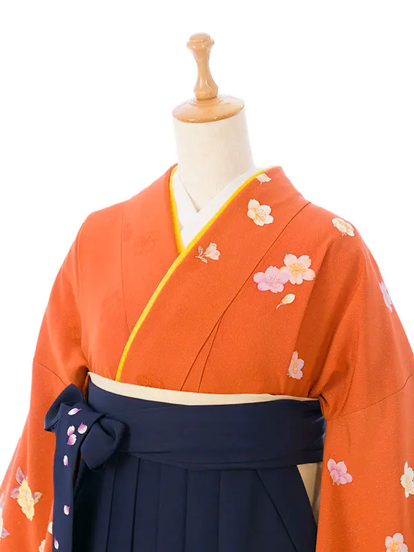 振袖袴 4S951 H83-26-1 ｵﾚﾝｼﾞﾗﾒ織ぼかし 八重桜|紺 桜99