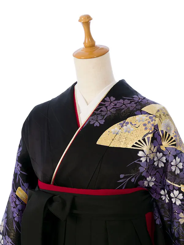 振袖袴 2S426 HDL2426 黒地 紫の桜 箔の末広|黒91