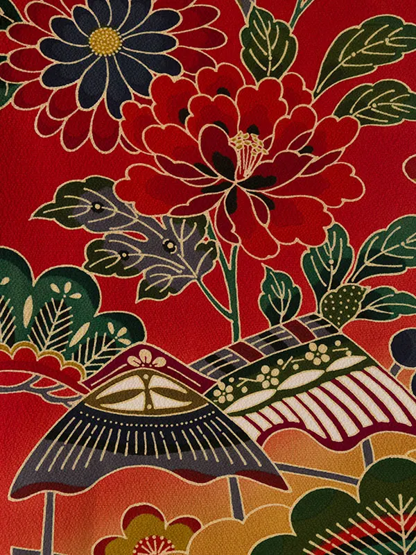 振袖袴 3S317 H243-24-2 赤地 紅型|黒 椿丸紋刺繍 91