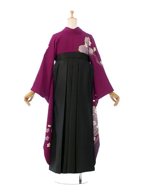 振袖袴 4S306 HDL4306 濃赤紫 熨斗に桜紋 |黒91cm