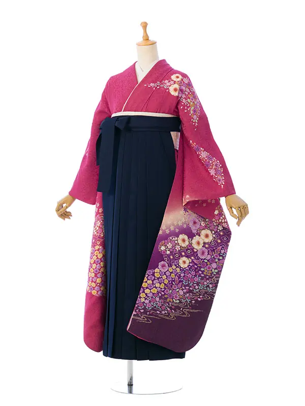振袖袴 4S955 A-25-5 牡丹ﾗﾒ入 裾紫小花 辻ヶ花|紺95