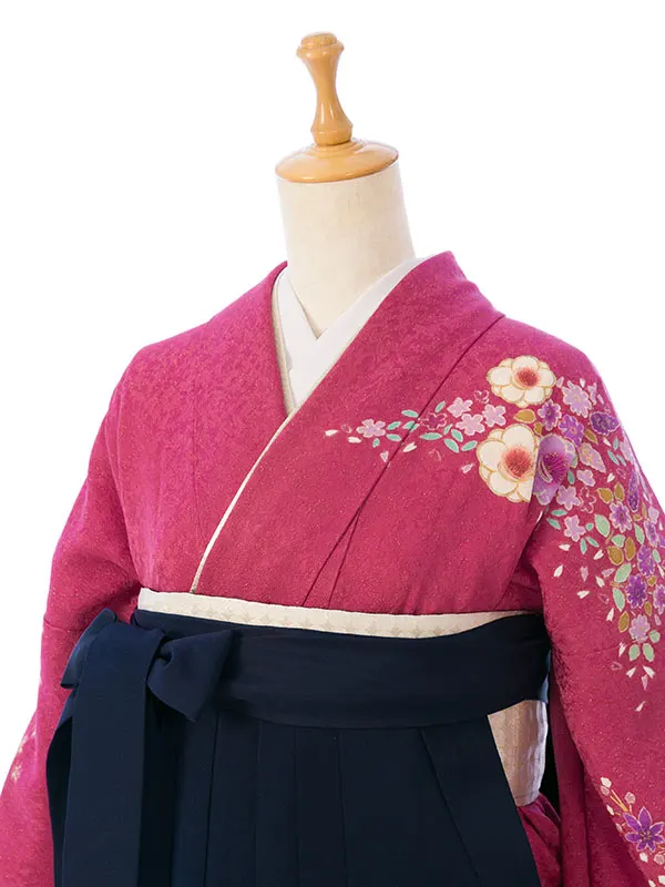 振袖袴 4S955 A-25-5 牡丹ﾗﾒ入 裾紫小花 辻ヶ花|紺95