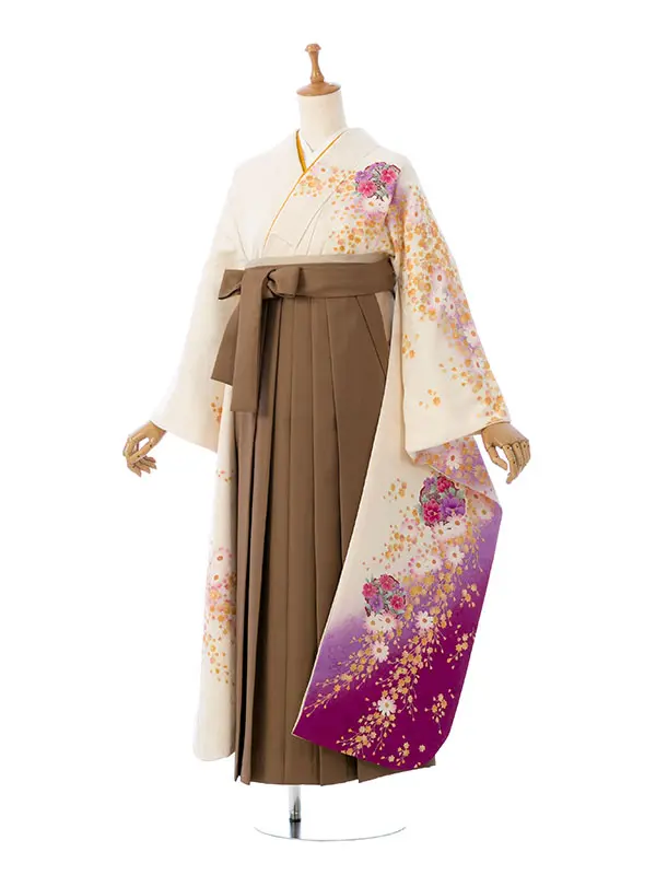 振袖袴 5S779 HDL5779 白/紫染め分け|茶95cm