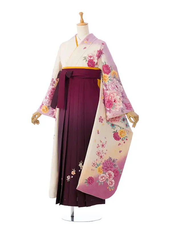 振袖袴 6S014 E-H005-25-7 白地 裾ﾋﾟﾝｸ 牡丹|ﾜｲﾝ 95