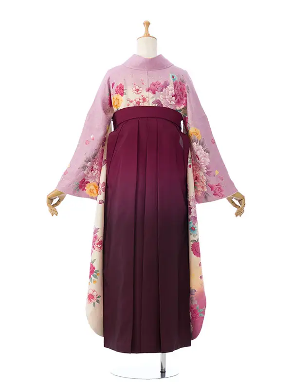 振袖袴 6S014 E-H005-25-7 白地 裾ﾋﾟﾝｸ 牡丹|ﾜｲﾝ 95