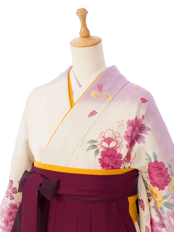 振袖袴 6S014 E-H005-25-7 白地 裾ﾋﾟﾝｸ 牡丹|ﾜｲﾝ 95