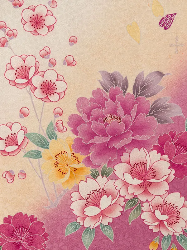 振袖袴 6S014 E-H005-25-7 白地 裾ﾋﾟﾝｸ 牡丹|ﾜｲﾝ 95