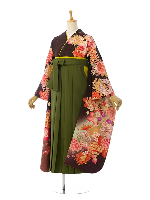 振袖袴 6S075 H135-24-8 茶色地ﾗﾒ 四季花|抹茶袴91
