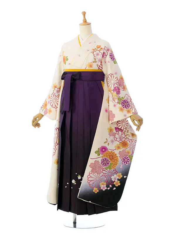 振袖袴 6S112_HDL6112 白地 裾黒 桜菊|紫ぼかし 桜刺繍 95