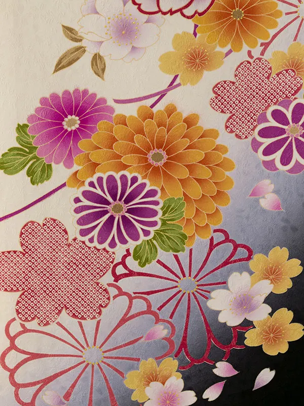 振袖袴 6S112_HDL6112 白地 裾黒 桜菊|紫ぼかし 桜刺繍 95