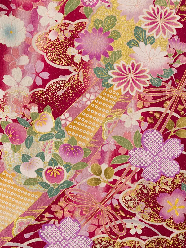 振袖袴 6S316 H009-250 赤地ﾗﾒ織 熨斗に雪輪|緑 桜刺繍95