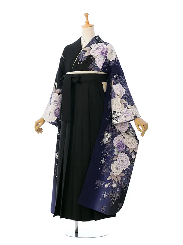 振袖袴 6S615 HDL6615 黒地 ｼﾙﾊﾞｰ星 薔薇|黒95