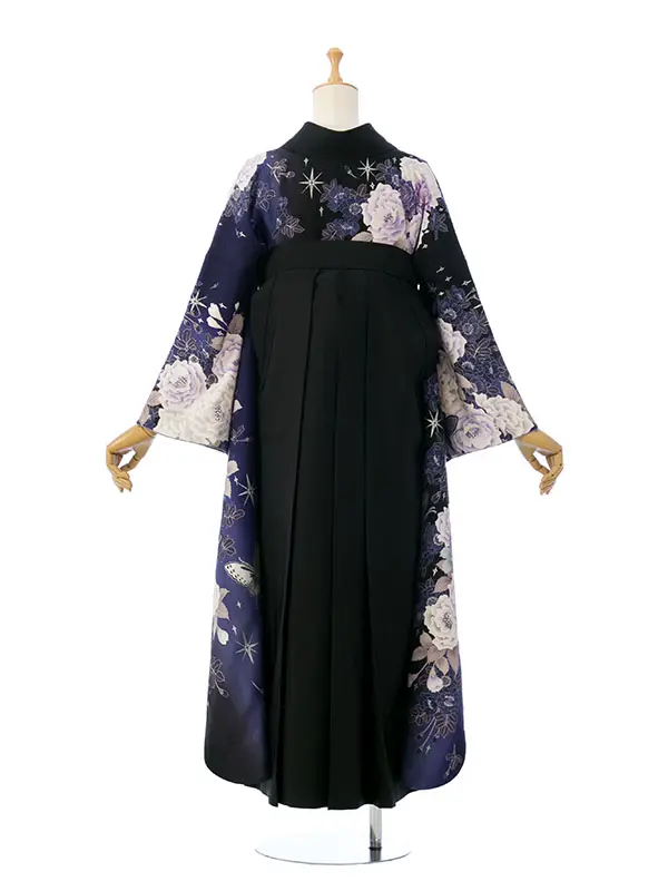 振袖袴 6S615 HDL6615 黒地 ｼﾙﾊﾞｰ星 薔薇|黒95