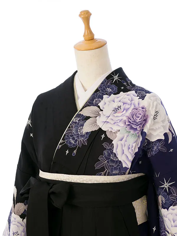 振袖袴 6S615 HDL6615 黒地 ｼﾙﾊﾞｰ星 薔薇|黒95