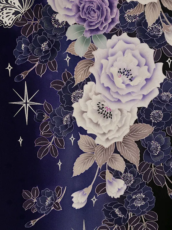 振袖袴 6S615 HDL6615 黒地 ｼﾙﾊﾞｰ星 薔薇|黒95