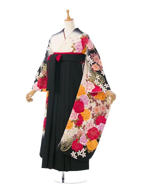 振袖袴 6S618 H125-25-30 白黒 染め分け 薔薇に洋花|黒赤95