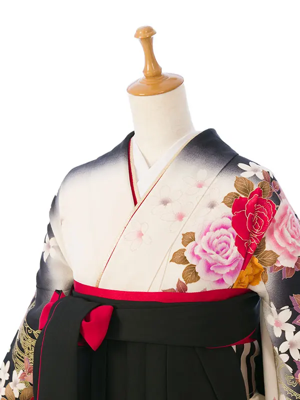 振袖袴 6S618 H125-25-30 白黒 染め分け 薔薇に洋花|黒赤95