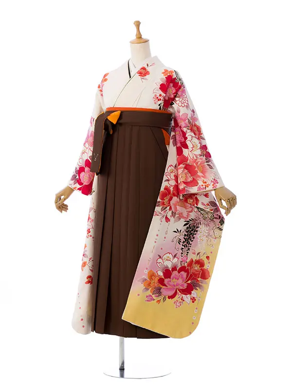 振袖袴 7S049 HDL704 白地 黄色ぼかし 牡丹|茶ｵﾚﾝｼﾞ91