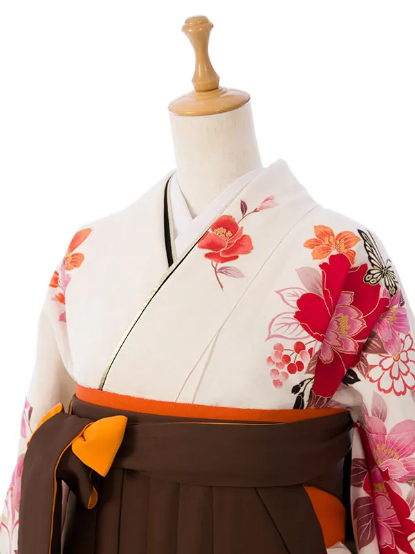 振袖袴 7S049 HDL704 白地 黄色ぼかし 牡丹|茶ｵﾚﾝｼﾞ91