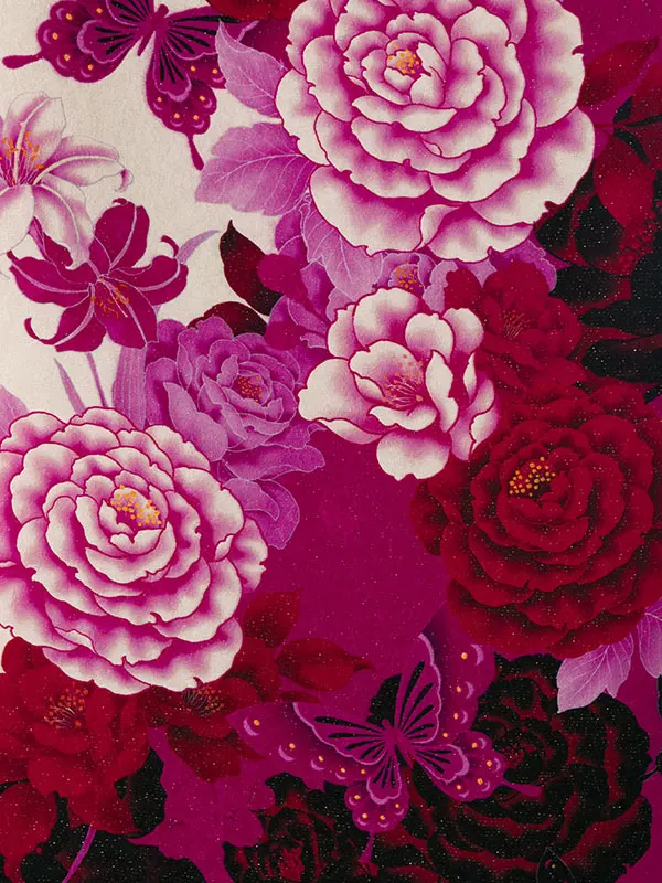 振袖袴 1S1034 H67-24-1 白/黒ﾗﾒ地 洋花に蝶|黒袴 桜刺繍91