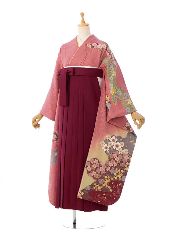 振袖袴 4S769 H149-25-1 ﾋﾟﾝｸ ﾗﾒ織 裾金|えんじ95