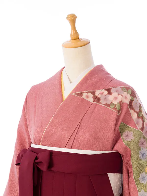 振袖袴 4S769 H149-25-1 ﾋﾟﾝｸ ﾗﾒ織 裾金|えんじ95