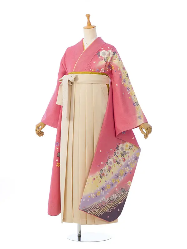 振袖袴 4S966 HDLX998 ﾋﾟﾝｸ 桜 流水 裾紫|ｱｲﾎﾞﾘｰ95