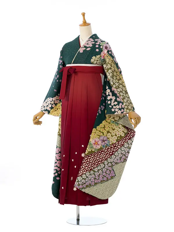振袖袴 5S461 H53-25-2 深緑ﾗﾒ織|えんじ赤桜刺繍95